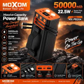 پاوربانک MOXOM مدل PB204 ظرفیت 50000 میلی‌آمپرساعت (کابل و چراغ دار)