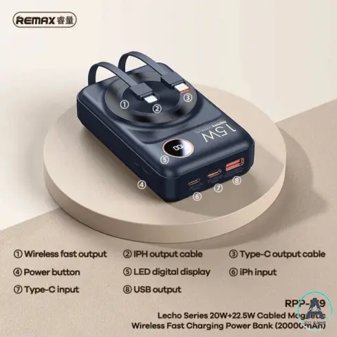 پاور بانک وایرلس ریمکس مدل RPP-519 ظرفیت 20000 میلی آمپر ساعت